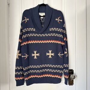 Orvis Shawl Collar Sweater Men's XL Blue Aztec Western Cotton Pullover‎